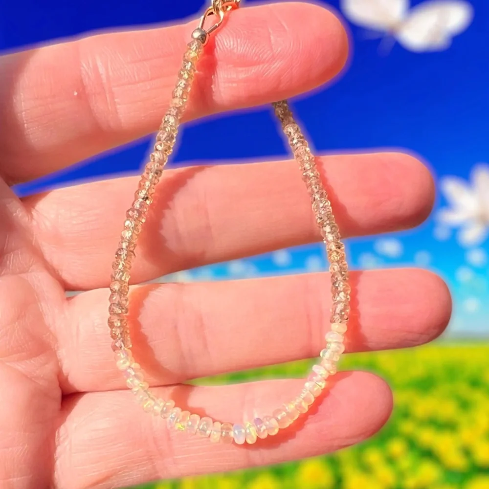 Natural Opal | Green Champagne Sapphire Bracelet Handmade Solid 14K Yellow Gold - Picture 3 of 5